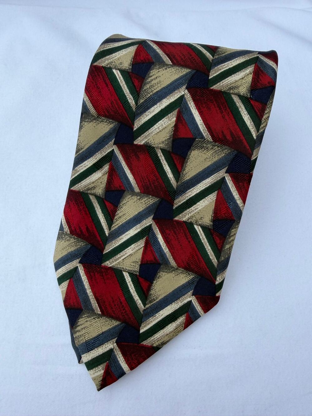 Vintage XMI Tie J.T. Clothiers Red & Green Geometric Stripe 90s Silk Necktie